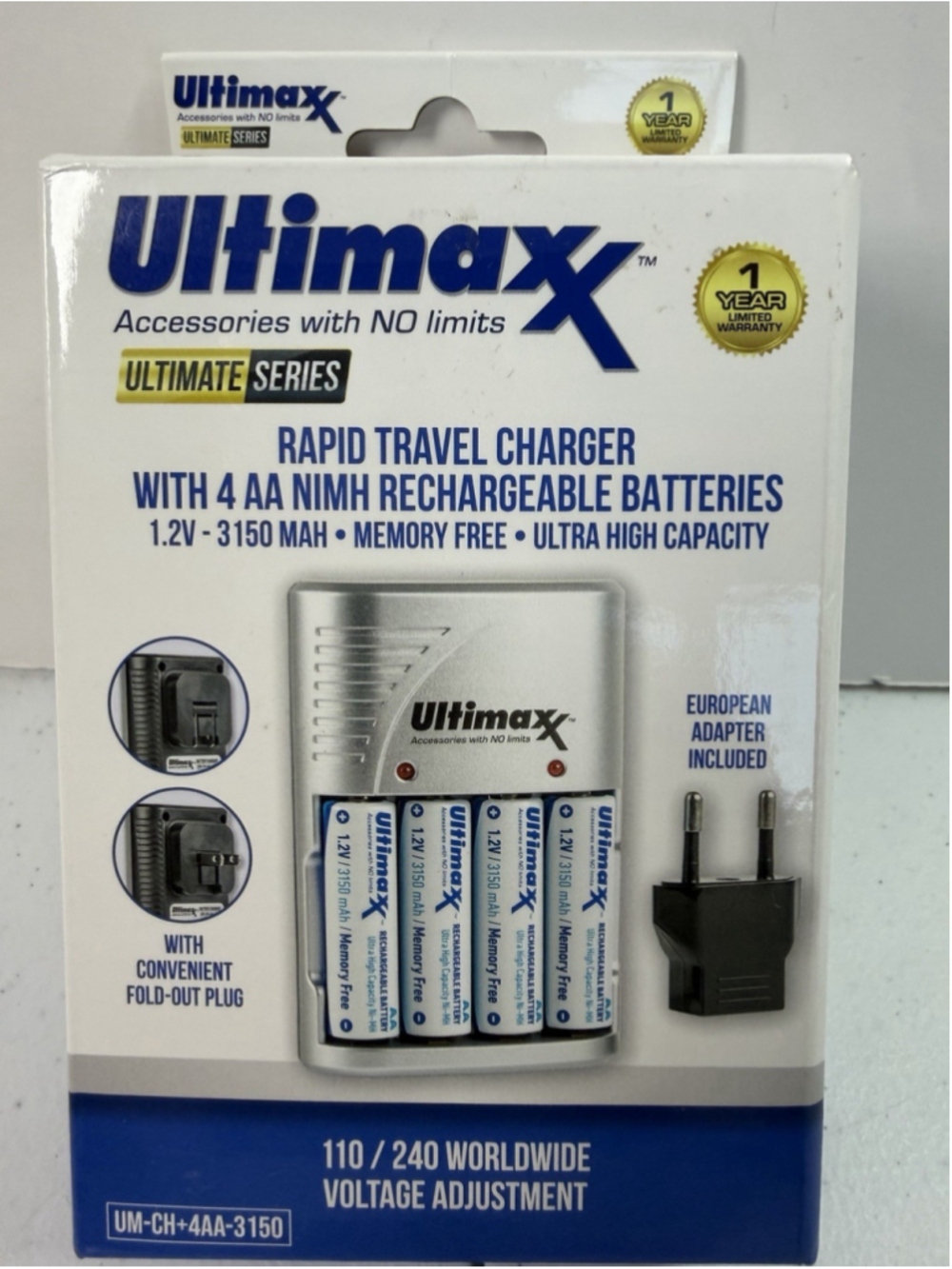 Ultimaxx 110/240 rapid travel charger 4 AA rechargeable batteries fold out plug